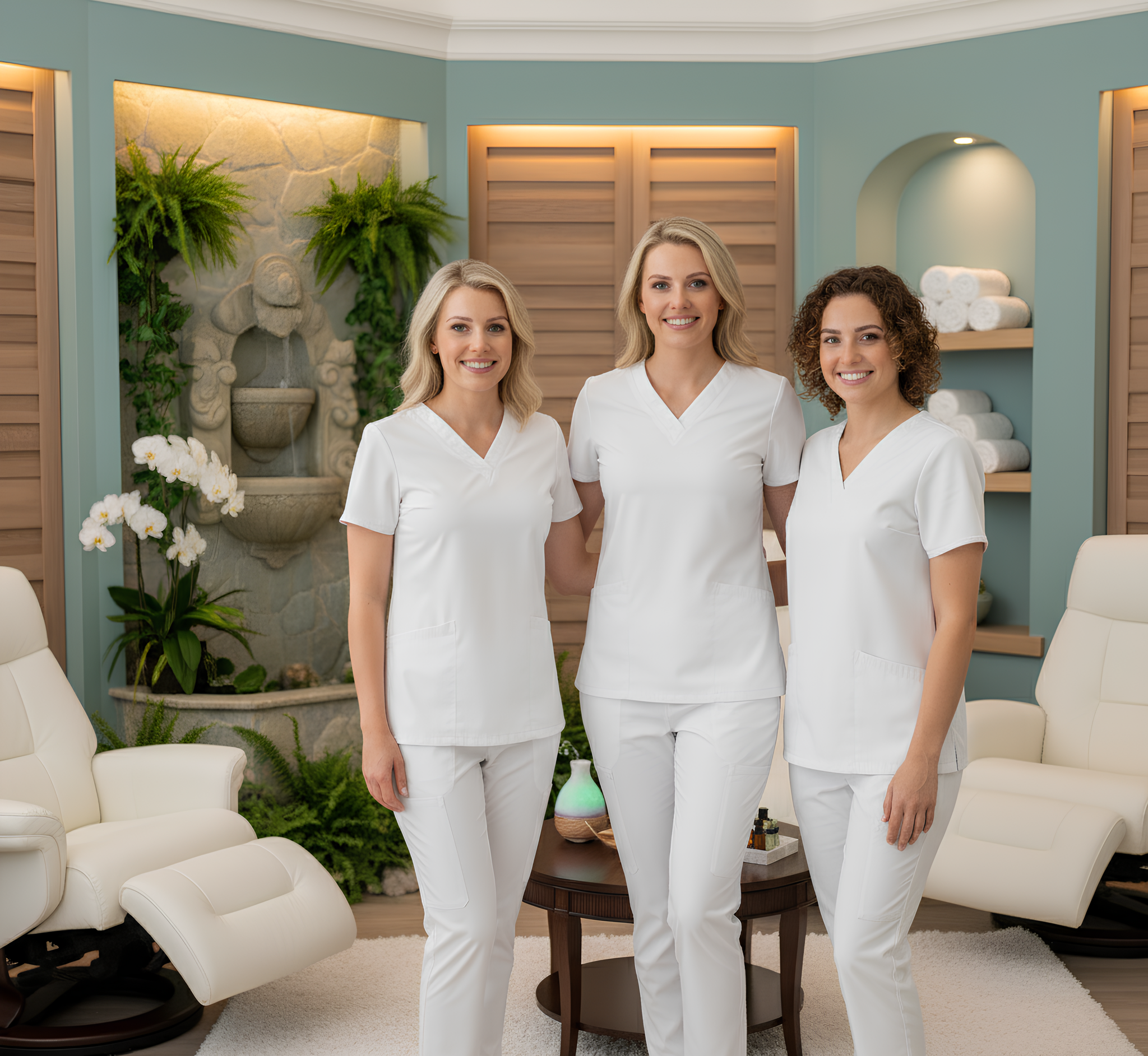 Three women in white uniforms standing in a spa-like setting with decorative elements.
