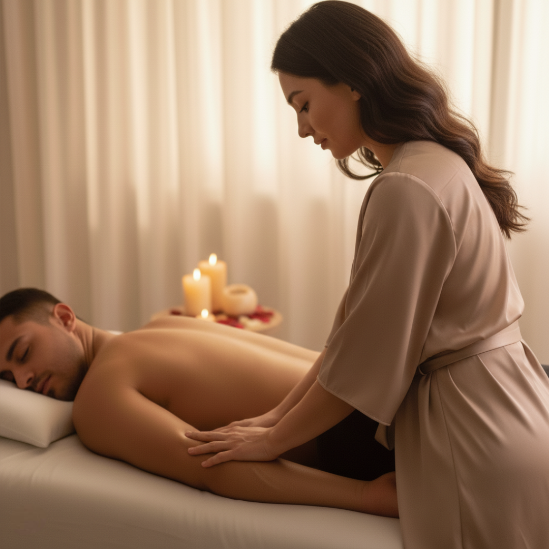 Woman giving a massage to a man in a spa setting with candles in the background.