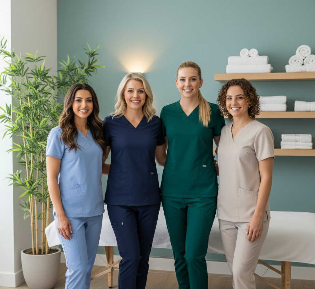 Four women in medical scrubs standing together in a room with plants and shelves.