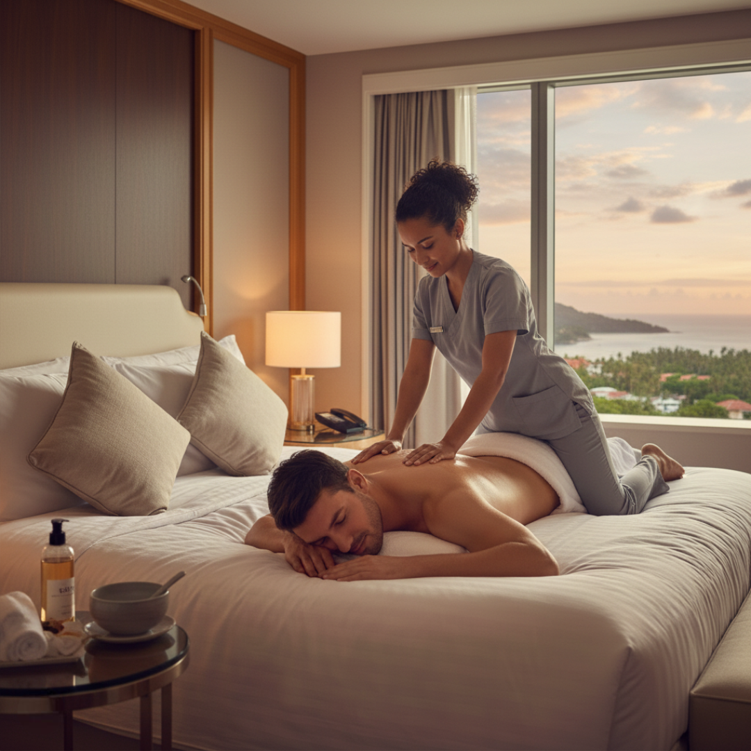 Person receiving a massage on a bed with a scenic view from a window.