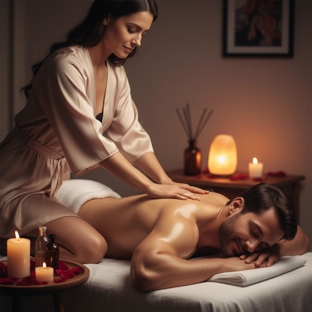 Woman giving a massage to a man in a dimly lit room with candles and essential oils.